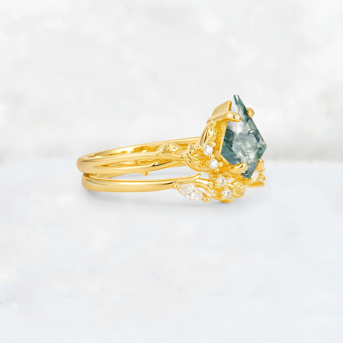 Elongated Kite Cut Moss Agate Leaf Vine Marquise Bridal Ring Set - Rose-Gold
