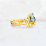 Elongated Kite Cut Moss Agate Leaf Vine Marquise Bridal Ring Set - Rose-Gold