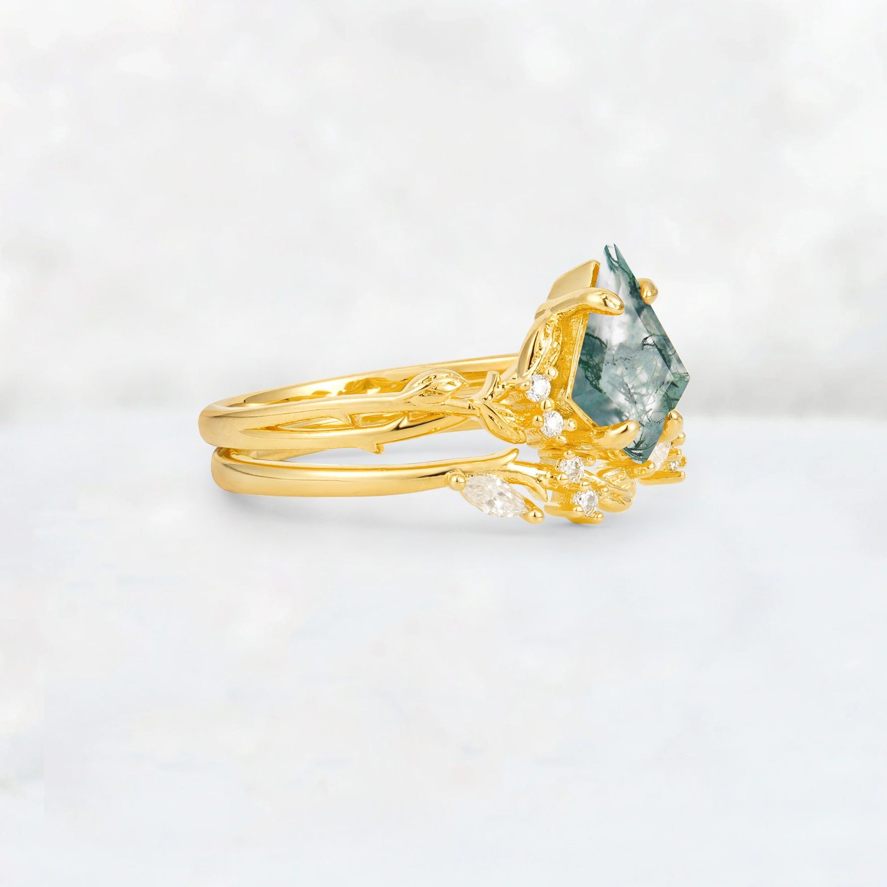 Elongated Kite Cut Moss Agate Leaf Vine Marquise Bridal Ring Set - Rose-Gold