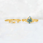 Elongated Kite Cut Moss Agate Leaf Vine Marquise Bridal Ring Set - White-Gold