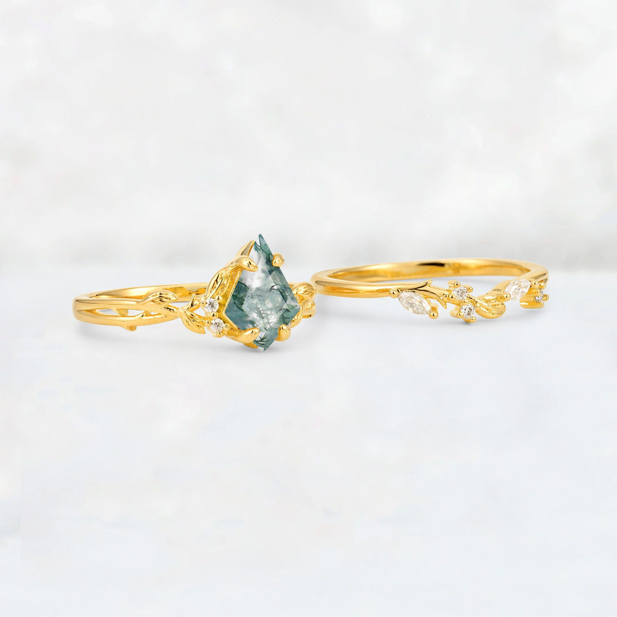 Elongated Kite Cut Moss Agate Leaf Vine Marquise Bridal Ring Set - Additional view