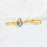 Elongated Kite Cut Moss Agate Leaf Vine Marquise Bridal Ring Set - Additional view