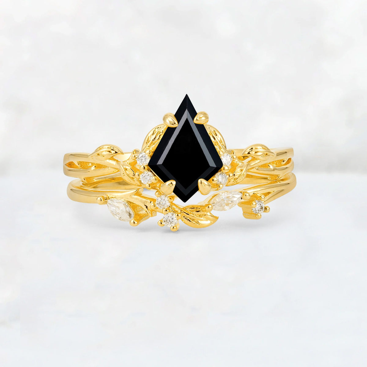 Elongated Kite Cut Black Onyx Leaf Vine Marquise Bridal Ring Set - Yellow-Gold