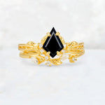 Elongated Kite Cut Black Onyx Leaf Vine Marquise Bridal Ring Set - Yellow-Gold