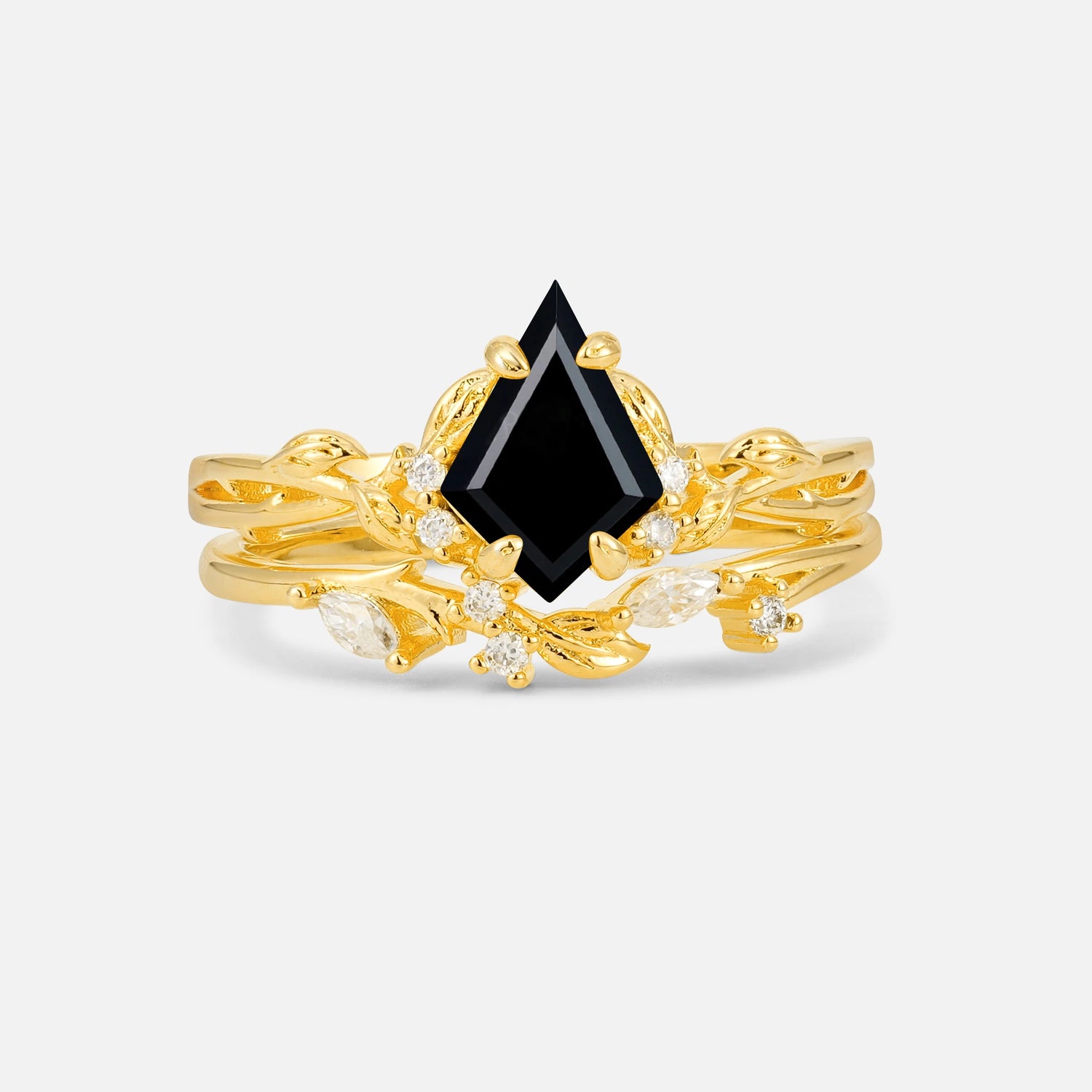Elongated Kite Cut Black Onyx Leaf Vine Marquise Bridal Ring Set - Yellow-Gold