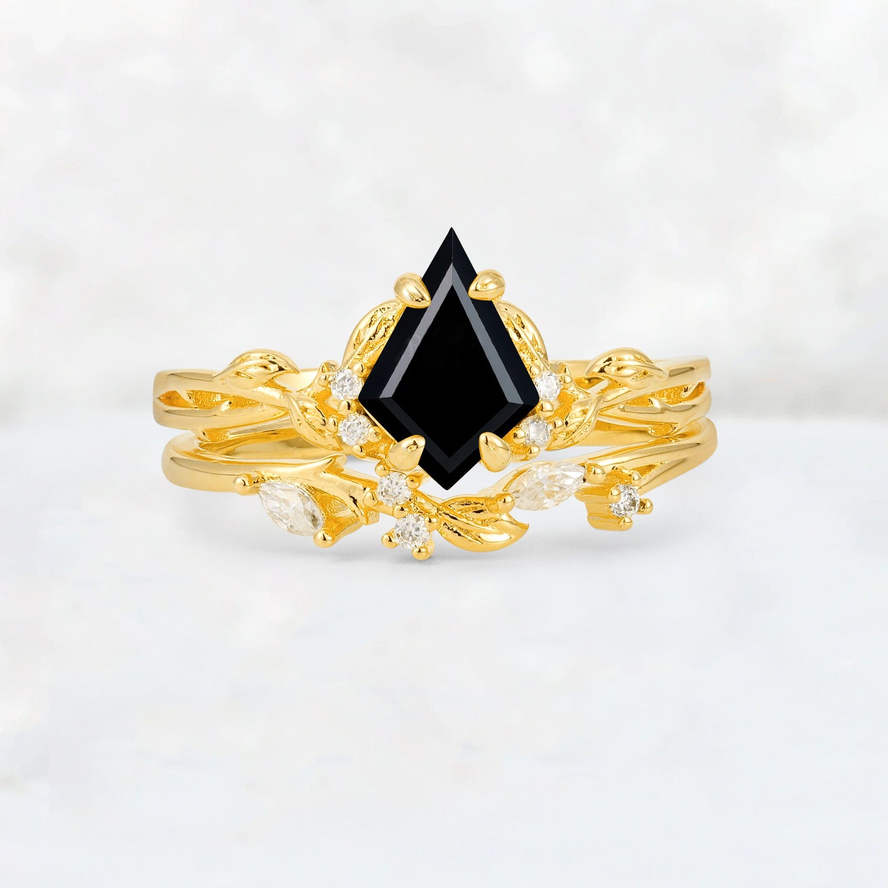 Elongated Kite Cut Black Onyx Leaf Vine Marquise Bridal Ring Set - Yellow-Gold