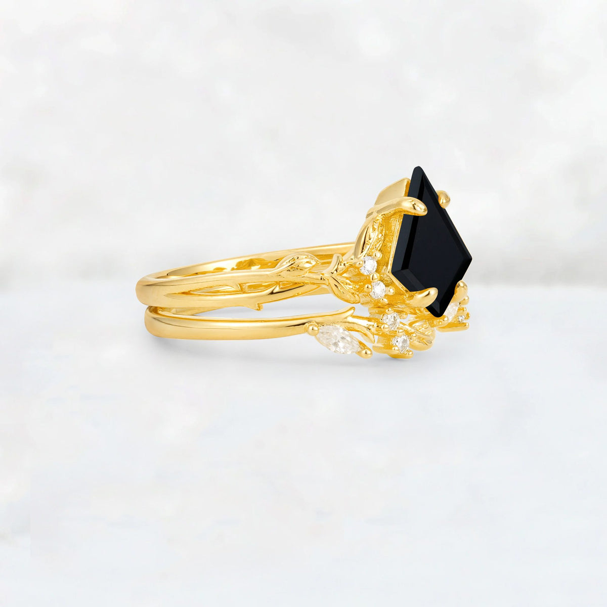Elongated Kite Cut Black Onyx Leaf Vine Marquise Bridal Ring Set - Rose-Gold