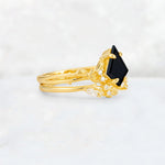 Elongated Kite Cut Black Onyx Leaf Vine Marquise Bridal Ring Set - Rose-Gold
