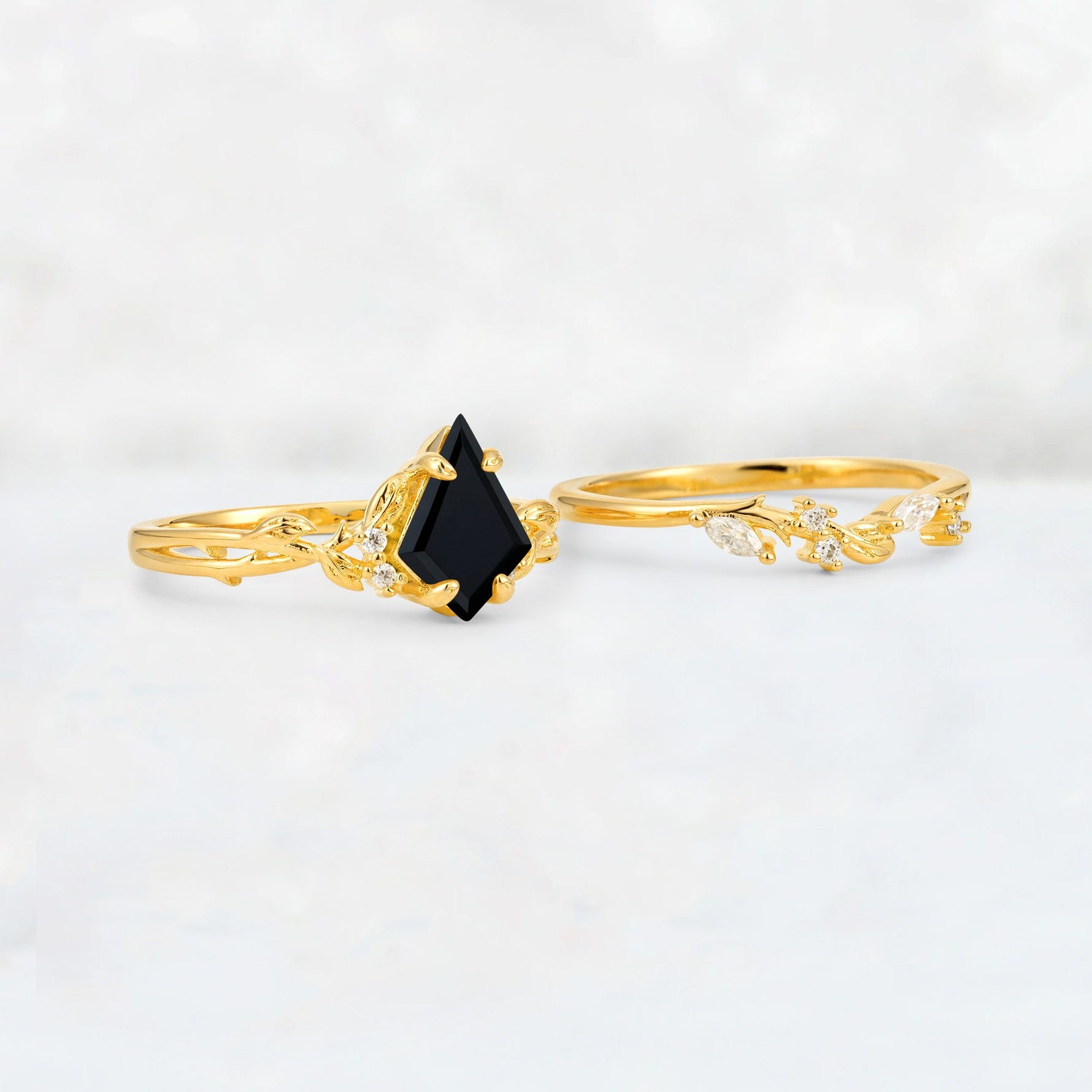 Elongated Kite Cut Black Onyx Leaf Vine Marquise Bridal Ring Set - Additional view