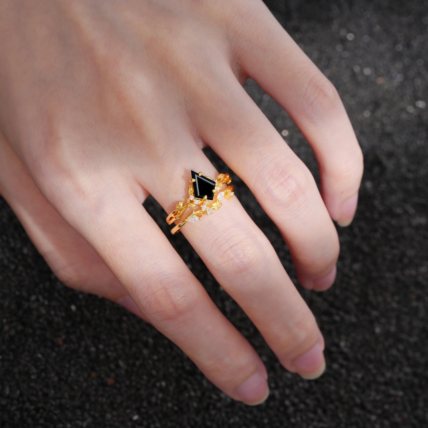 Elongated Kite Cut Black Onyx Leaf Vine Marquise Bridal Ring Set