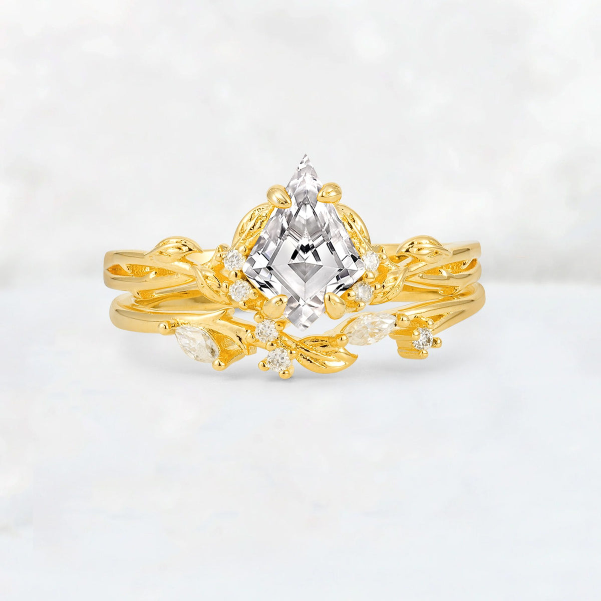 Elongated Kite Cut Lab Diamond Leaf Vine Marquise Bridal Ring Set - Yellow-Gold