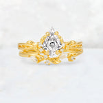 Elongated Kite Cut Lab Diamond Leaf Vine Marquise Bridal Ring Set - Yellow-Gold