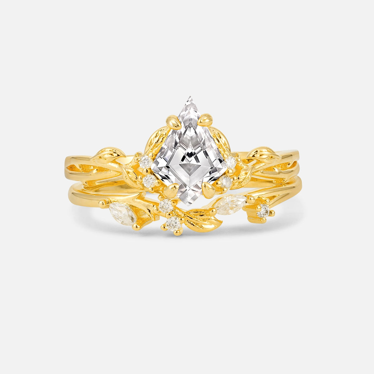 Elongated Kite Cut Lab Diamond Leaf Vine Marquise Bridal Ring Set - Yellow-Gold