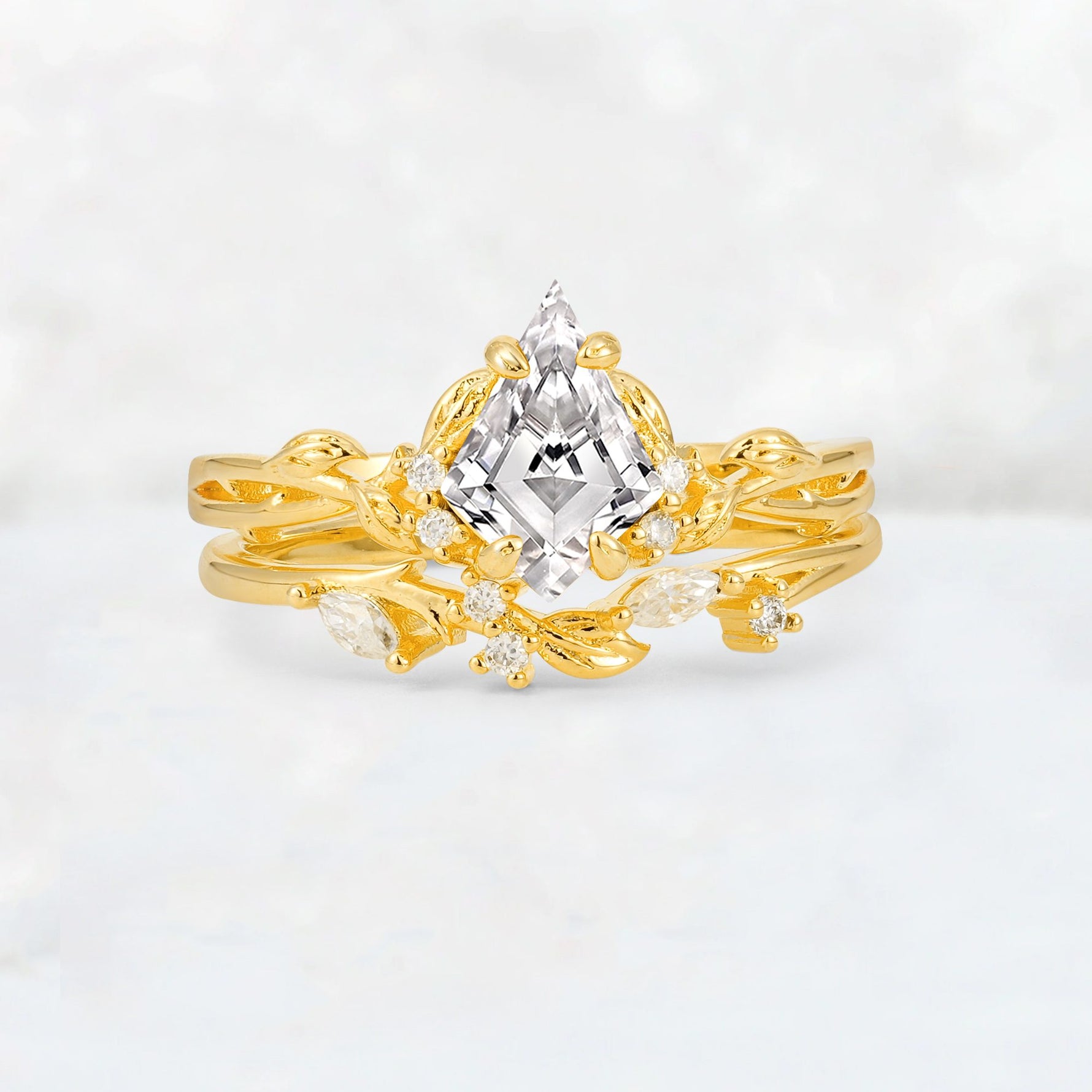 Elongated Kite Cut Lab Diamond Leaf Vine Marquise Bridal Ring Set - Yellow-Gold