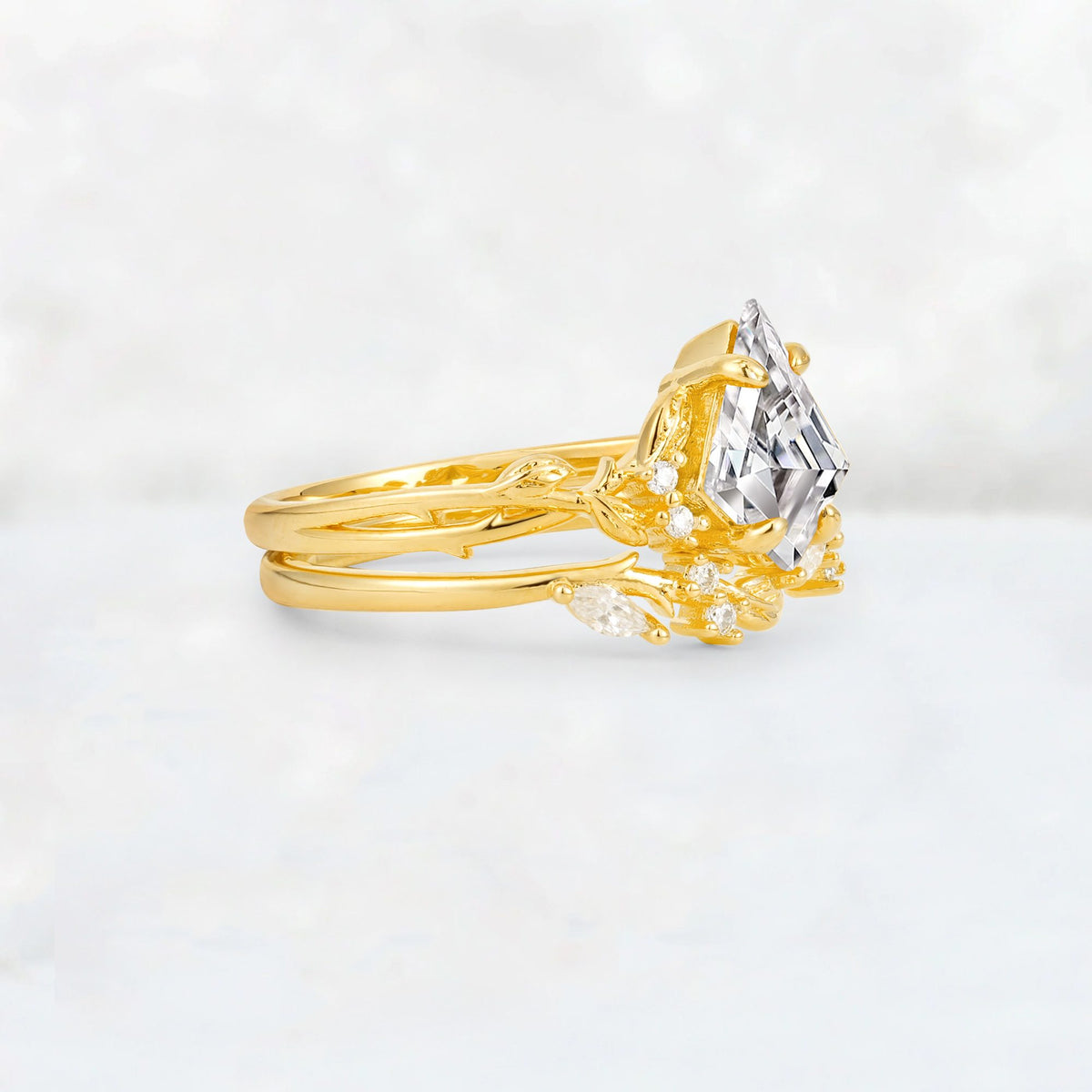 Elongated Kite Cut Lab Diamond Leaf Vine Marquise Bridal Ring Set - Rose-Gold