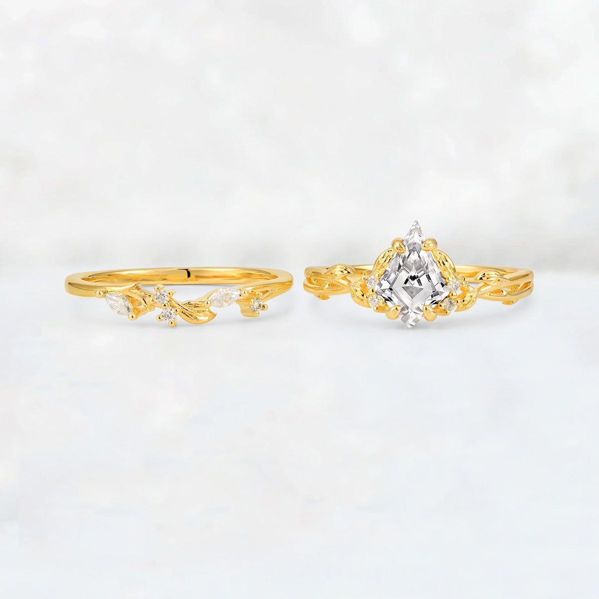 Elongated Kite Cut Lab Diamond Leaf Vine Marquise Bridal Ring Set - White-Gold