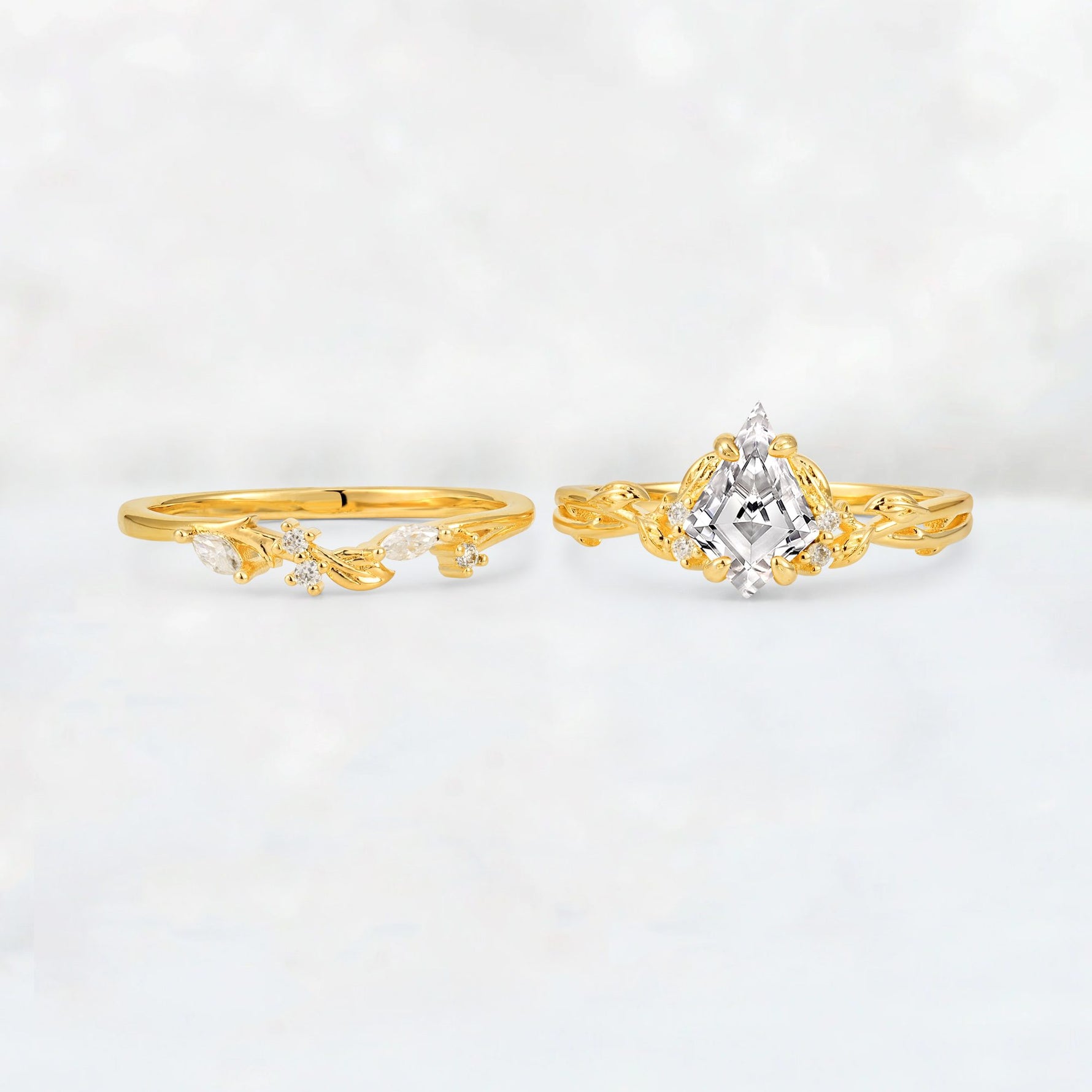 Elongated Kite Cut Lab Diamond Leaf Vine Marquise Bridal Ring Set - White-Gold
