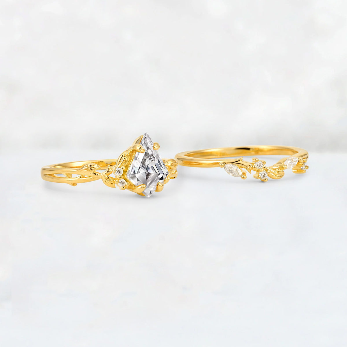 Elongated Kite Cut Lab Diamond Leaf Vine Marquise Bridal Ring Set - Additional view