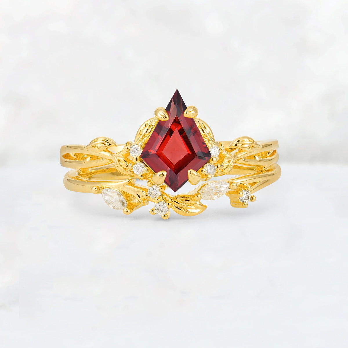 Elongated Kite Cut Garnet Leaf Vine Marquise Bridal Ring Set - Yellow-Gold