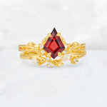 Elongated Kite Cut Garnet Leaf Vine Marquise Bridal Ring Set - Yellow-Gold