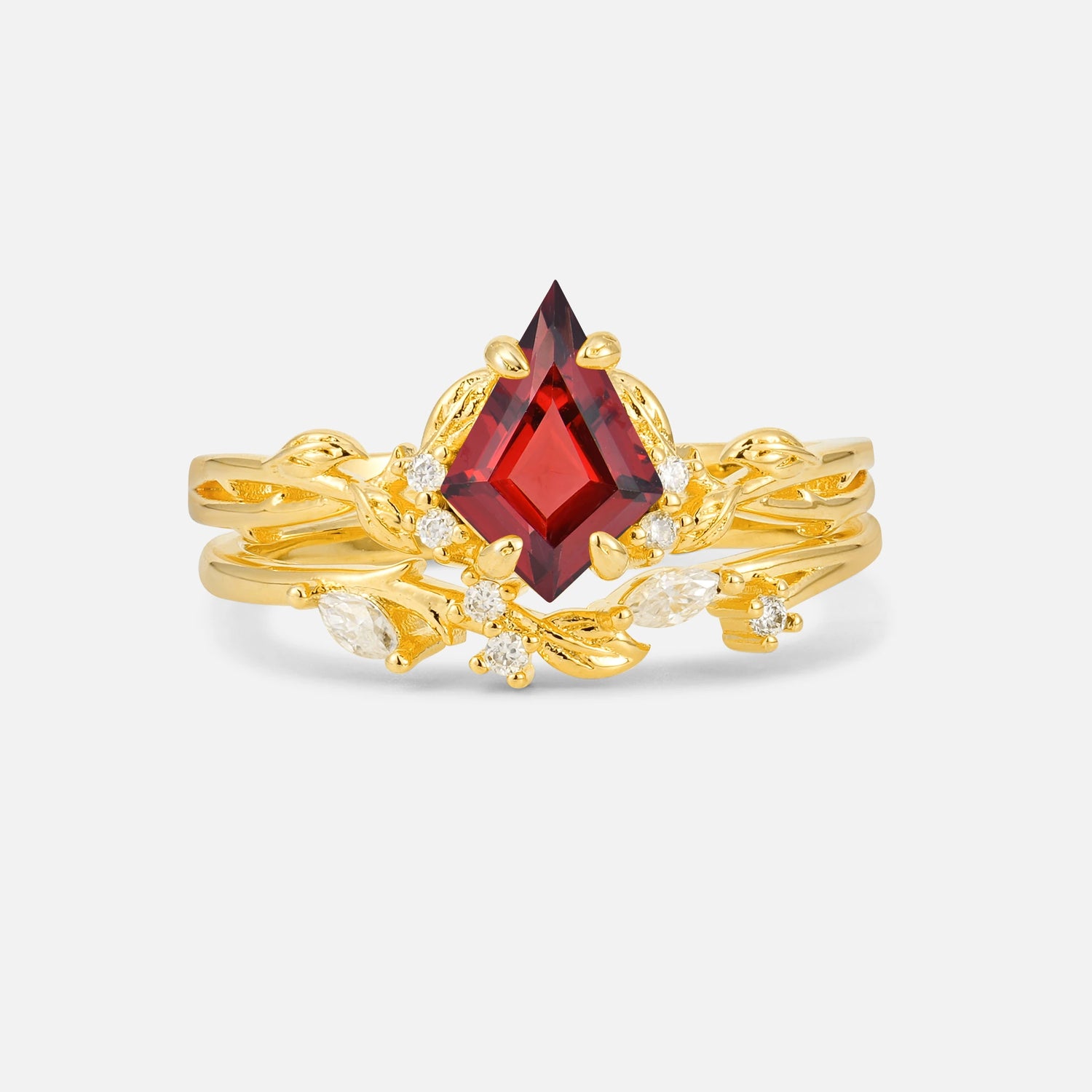 Elongated Kite Cut Garnet Leaf Vine Marquise Bridal Ring Set - Yellow-Gold