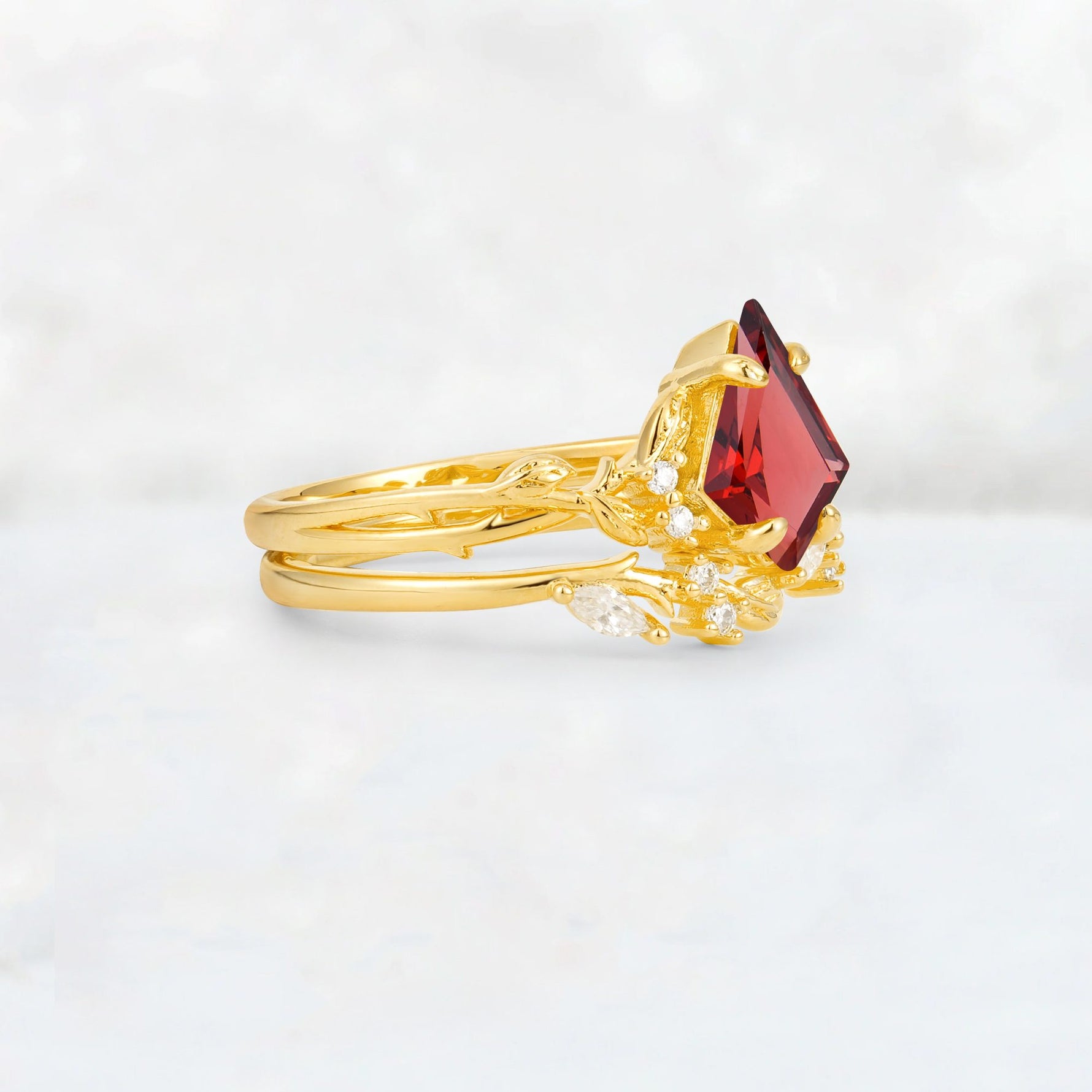 Elongated Kite Cut Garnet Leaf Vine Marquise Bridal Ring Set - Rose-Gold
