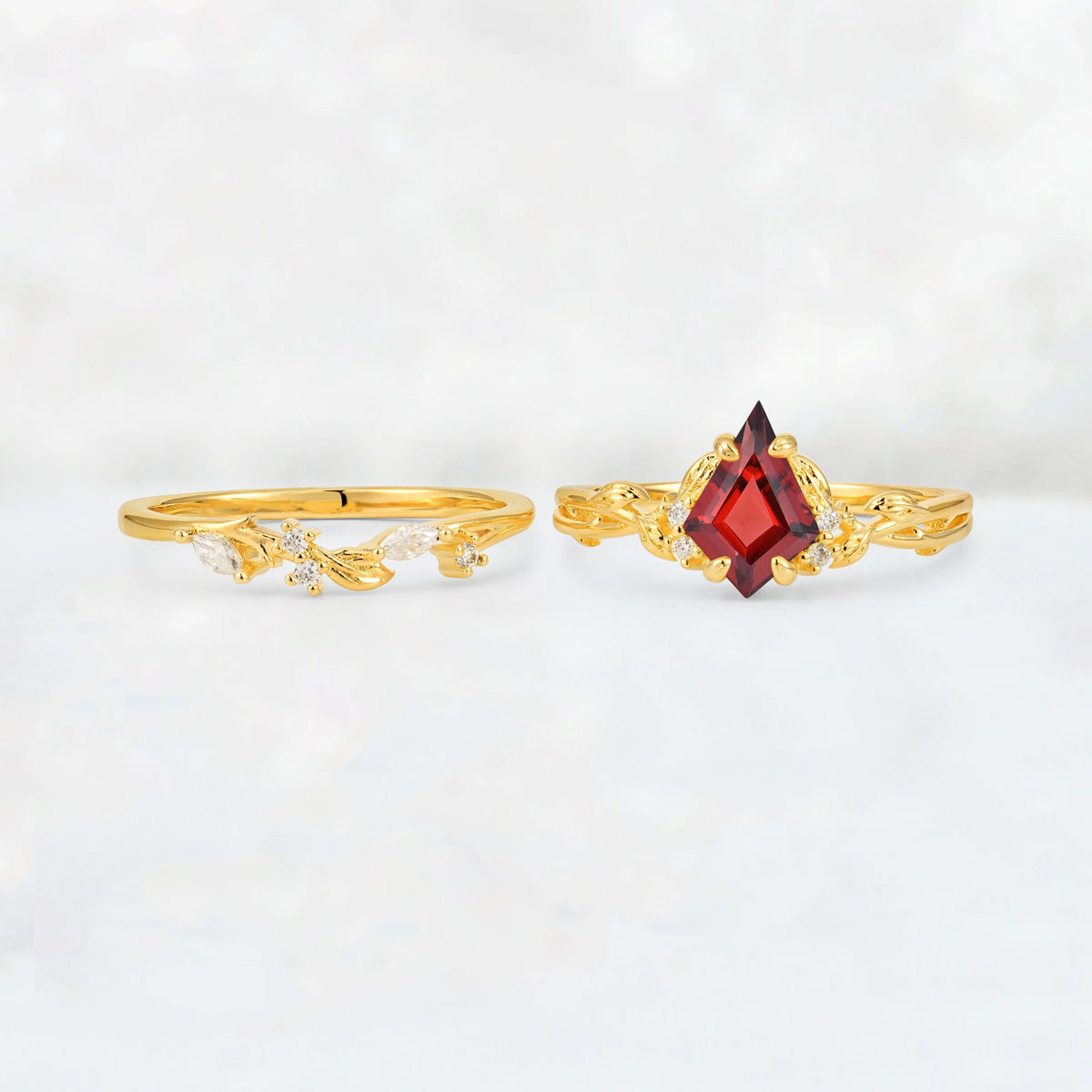 Elongated Kite Cut Garnet Leaf Vine Marquise Bridal Ring Set - White-Gold
