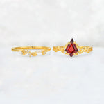 Elongated Kite Cut Garnet Leaf Vine Marquise Bridal Ring Set - White-Gold