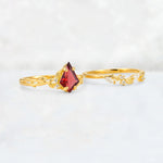 Elongated Kite Cut Garnet Leaf Vine Marquise Bridal Ring Set - Additional view