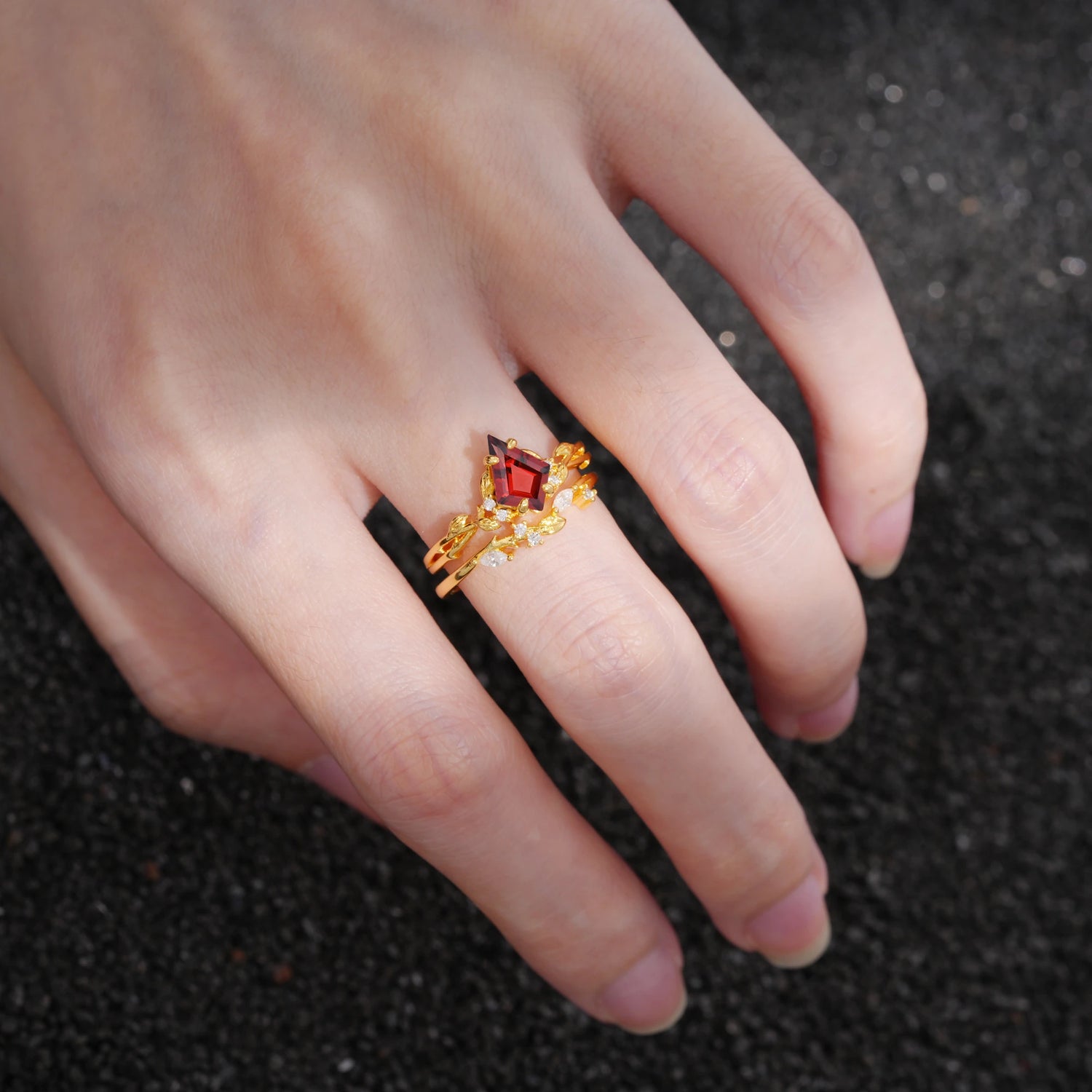 Elongated Kite Cut Garnet Leaf Vine Marquise Bridal Ring Set