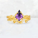 Elongated Kite Cut Amethyst Leaf Vine Marquise Bridal Ring Set - Yellow-Gold