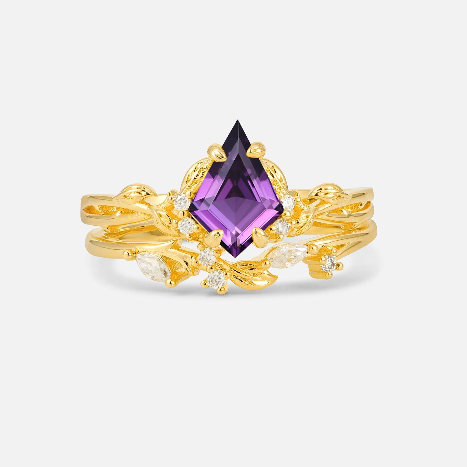 Elongated Kite Cut Amethyst Leaf Vine Marquise Bridal Ring Set - Yellow-Gold
