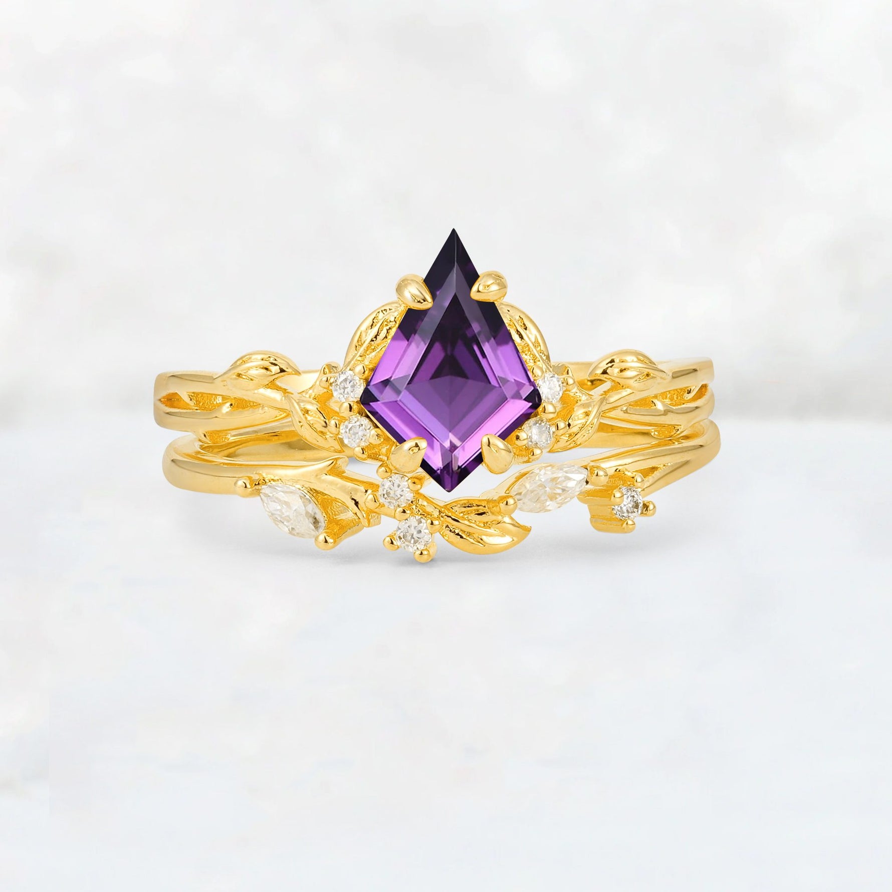Elongated Kite Cut Amethyst Leaf Vine Marquise Bridal Ring Set - Yellow-Gold