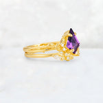 Elongated Kite Cut Amethyst Leaf Vine Marquise Bridal Ring Set - Rose-Gold