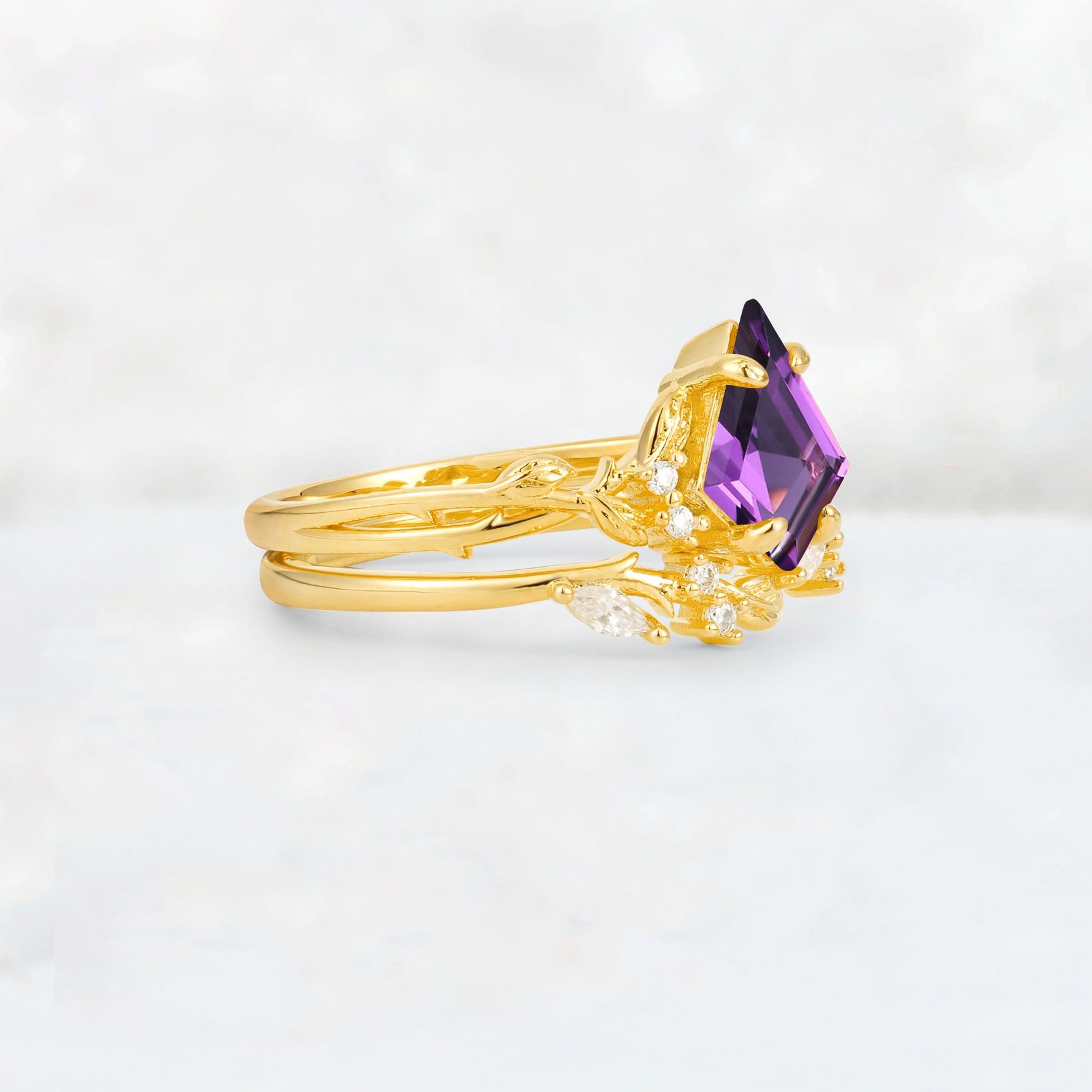 Elongated Kite Cut Amethyst Leaf Vine Marquise Bridal Ring Set - Rose-Gold