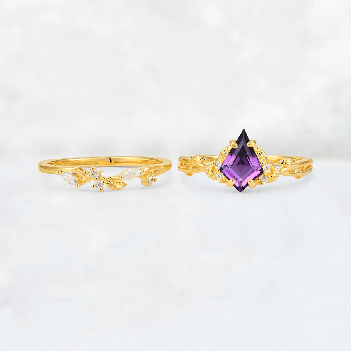 Elongated Kite Cut Amethyst Leaf Vine Marquise Bridal Ring Set - White-Gold