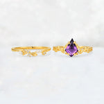 Elongated Kite Cut Amethyst Leaf Vine Marquise Bridal Ring Set - White-Gold