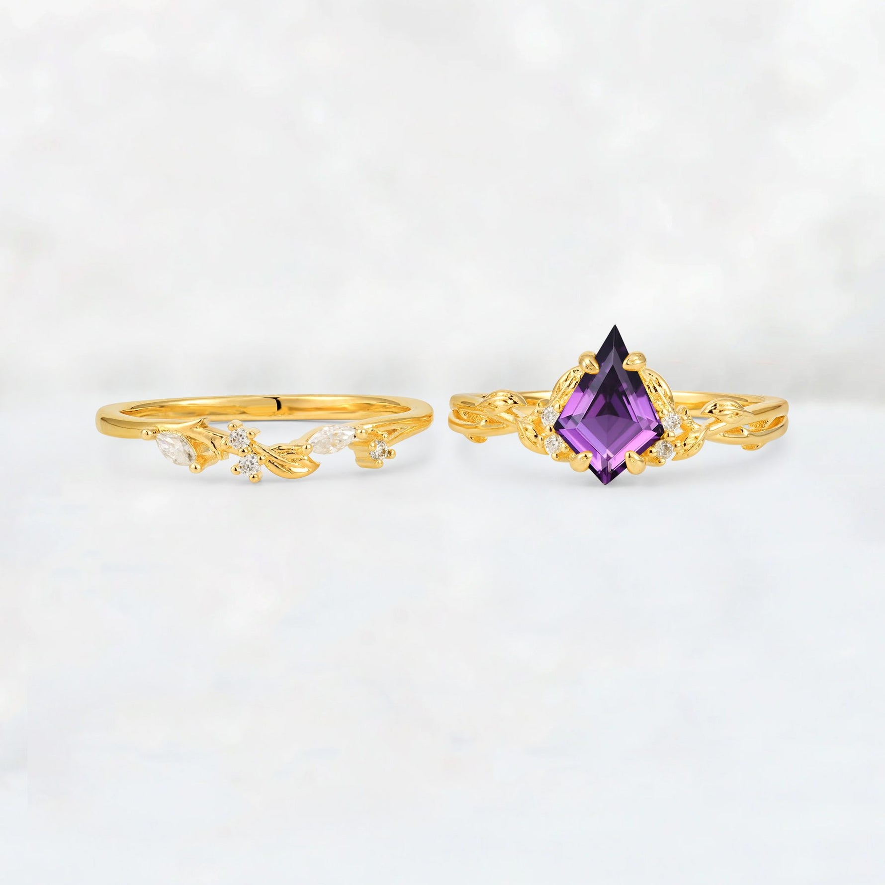 Elongated Kite Cut Amethyst Leaf Vine Marquise Bridal Ring Set - White-Gold