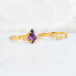 Elongated Kite Cut Amethyst Leaf Vine Marquise Bridal Ring Set - Additional view