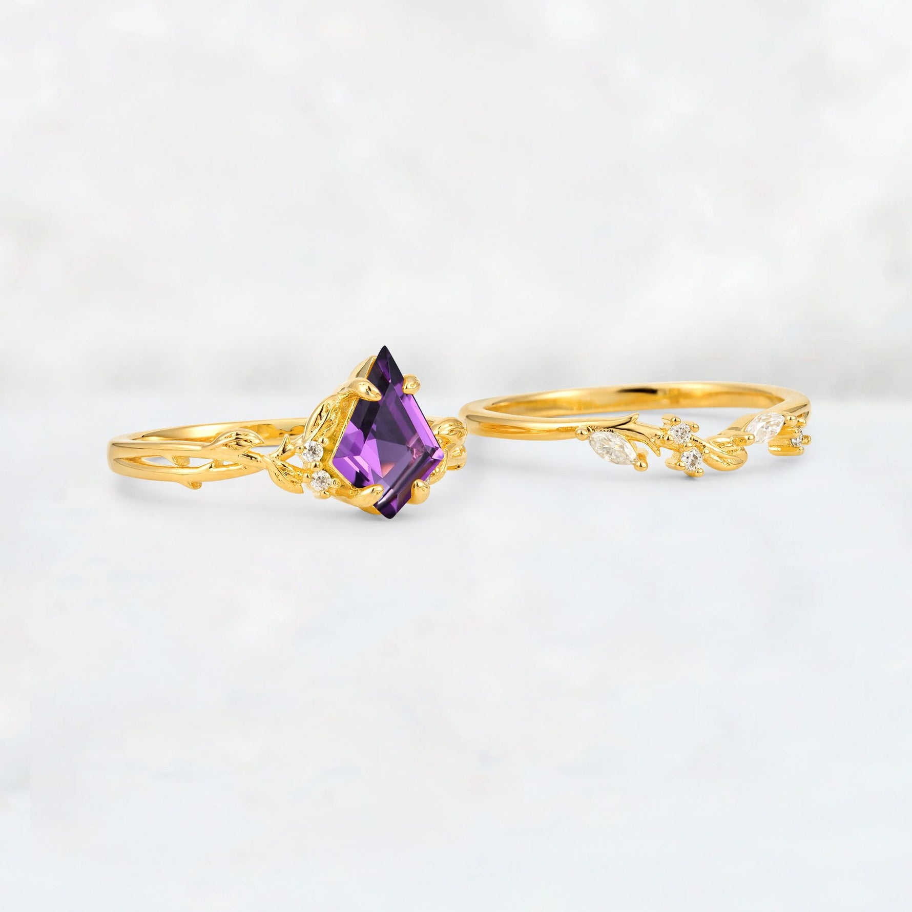 Elongated Kite Cut Amethyst Leaf Vine Marquise Bridal Ring Set - Additional view