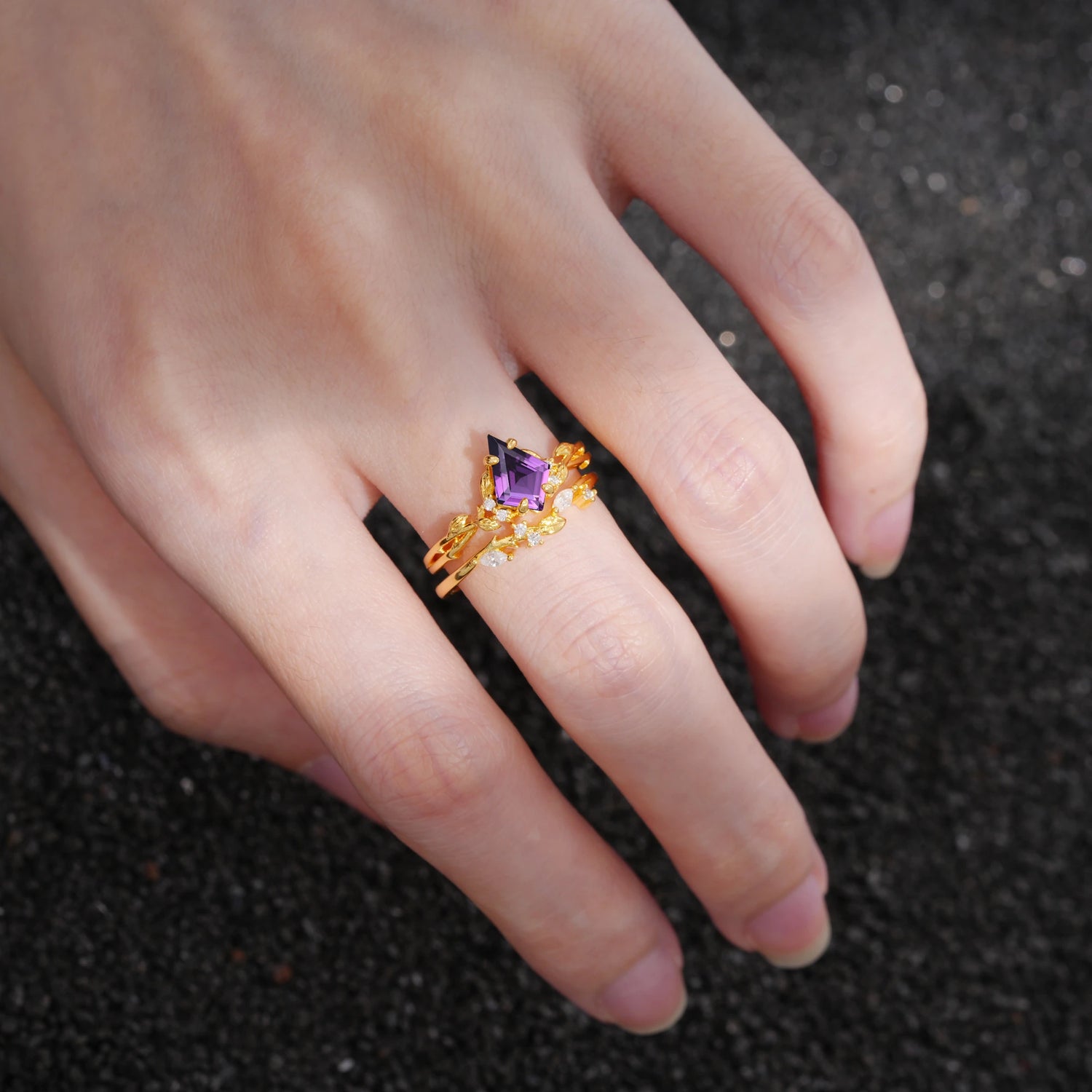 Elongated Kite Cut Amethyst Leaf Vine Marquise Bridal Ring Set