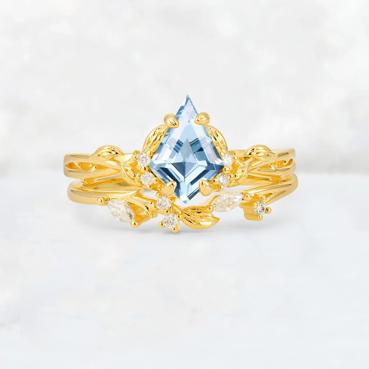Elongated Kite Cut Aquamarine Leaf Vine Marquise Bridal Ring Set - Yellow-Gold