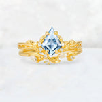 Elongated Kite Cut Aquamarine Leaf Vine Marquise Bridal Ring Set - Yellow-Gold