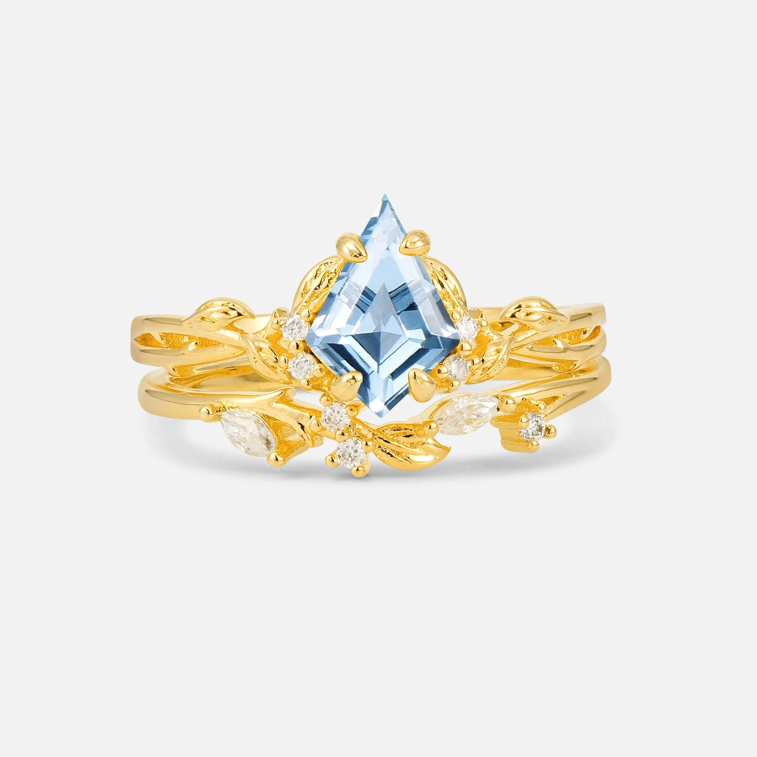 Elongated Kite Cut Aquamarine Leaf Vine Marquise Bridal Ring Set - Yellow-Gold