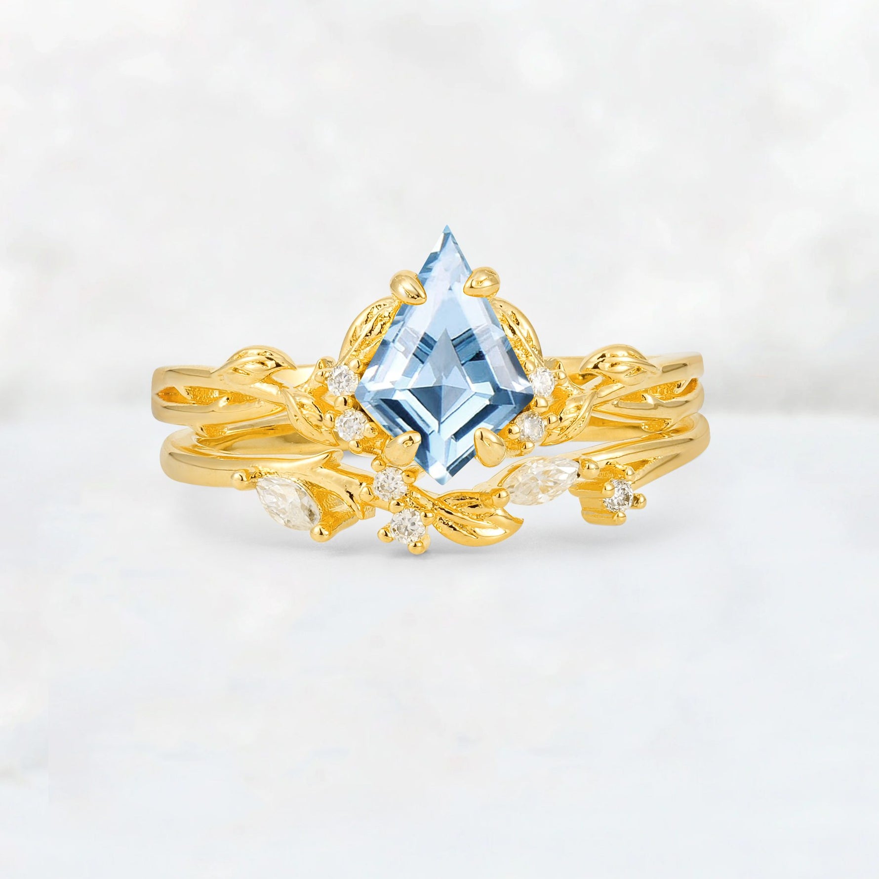 Elongated Kite Cut Aquamarine Leaf Vine Marquise Bridal Ring Set - Yellow-Gold