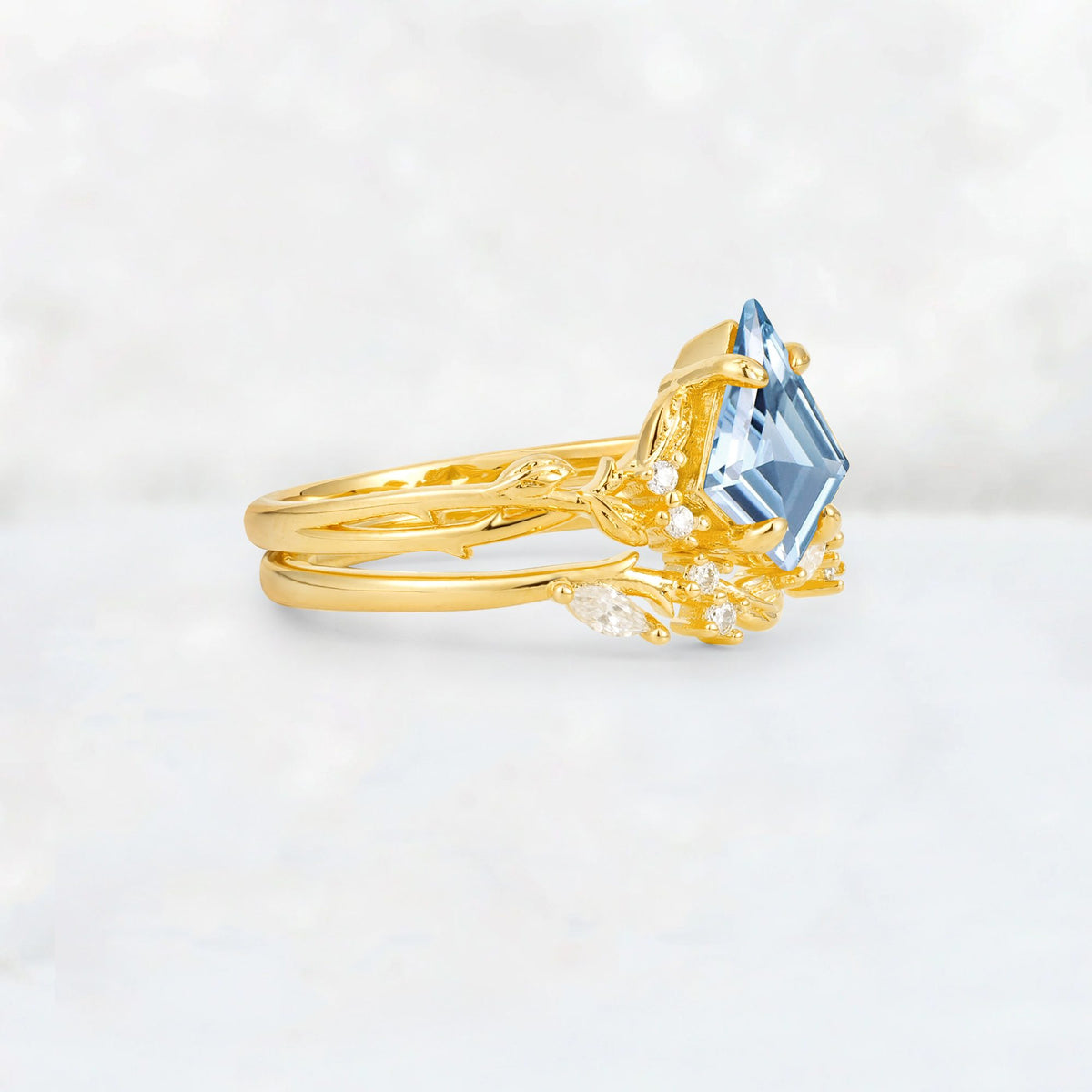 Elongated Kite Cut Aquamarine Leaf Vine Marquise Bridal Ring Set - Rose-Gold