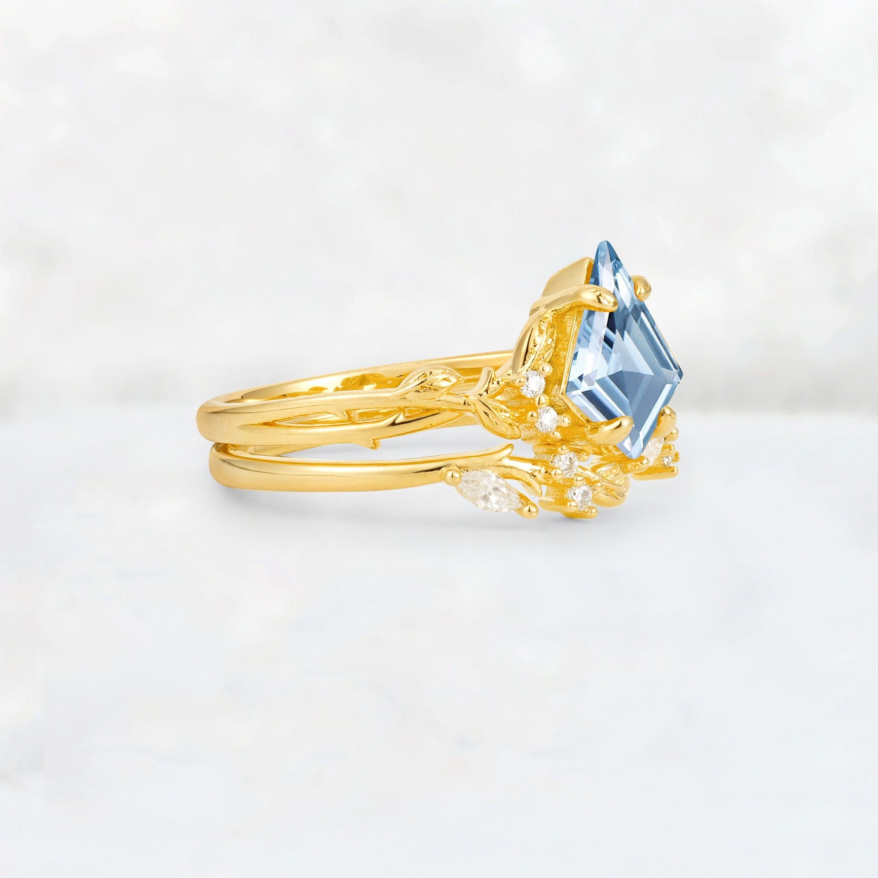 Elongated Kite Cut Aquamarine Leaf Vine Marquise Bridal Ring Set - Rose-Gold