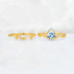 Elongated Kite Cut Aquamarine Leaf Vine Marquise Bridal Ring Set - White-Gold