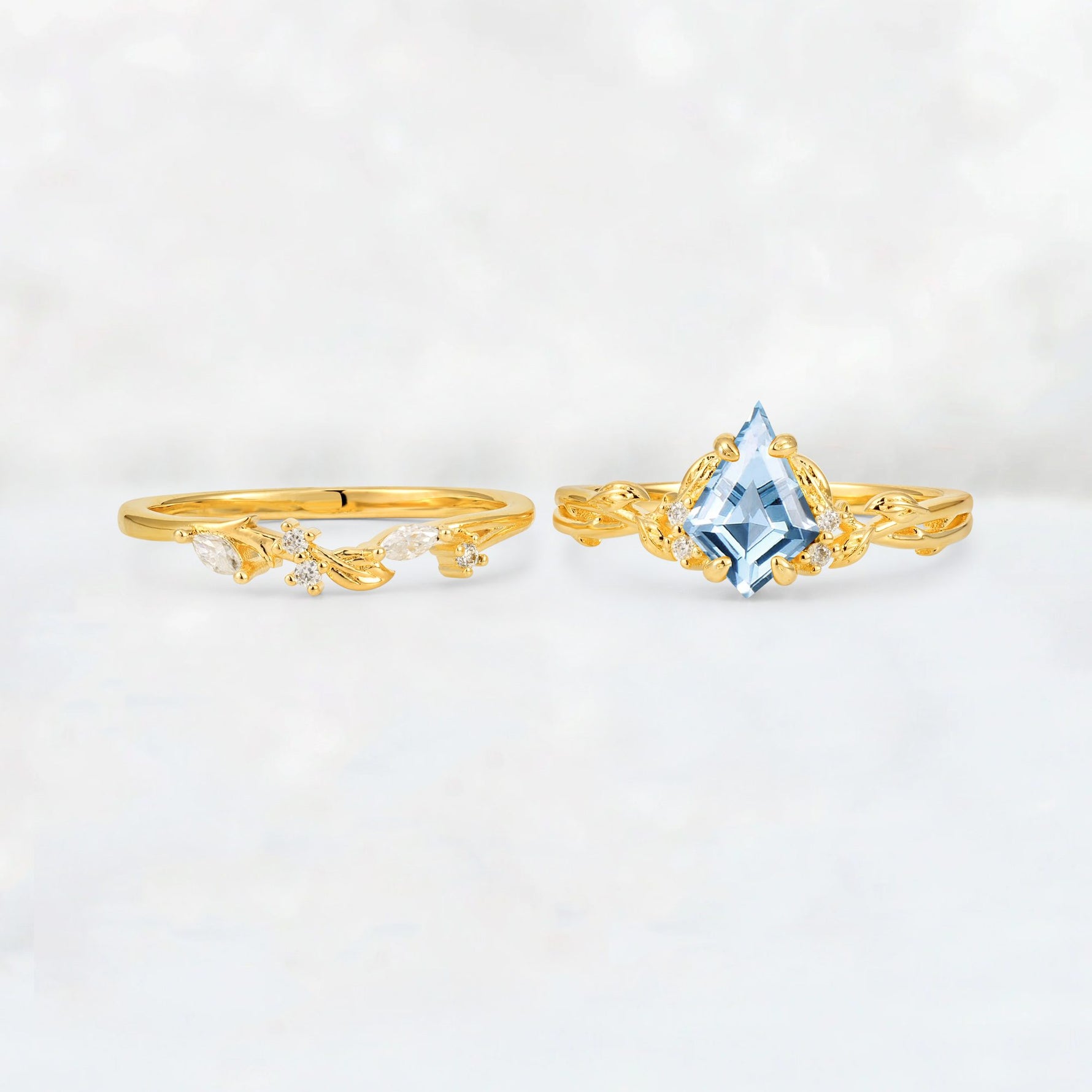 Elongated Kite Cut Aquamarine Leaf Vine Marquise Bridal Ring Set - White-Gold