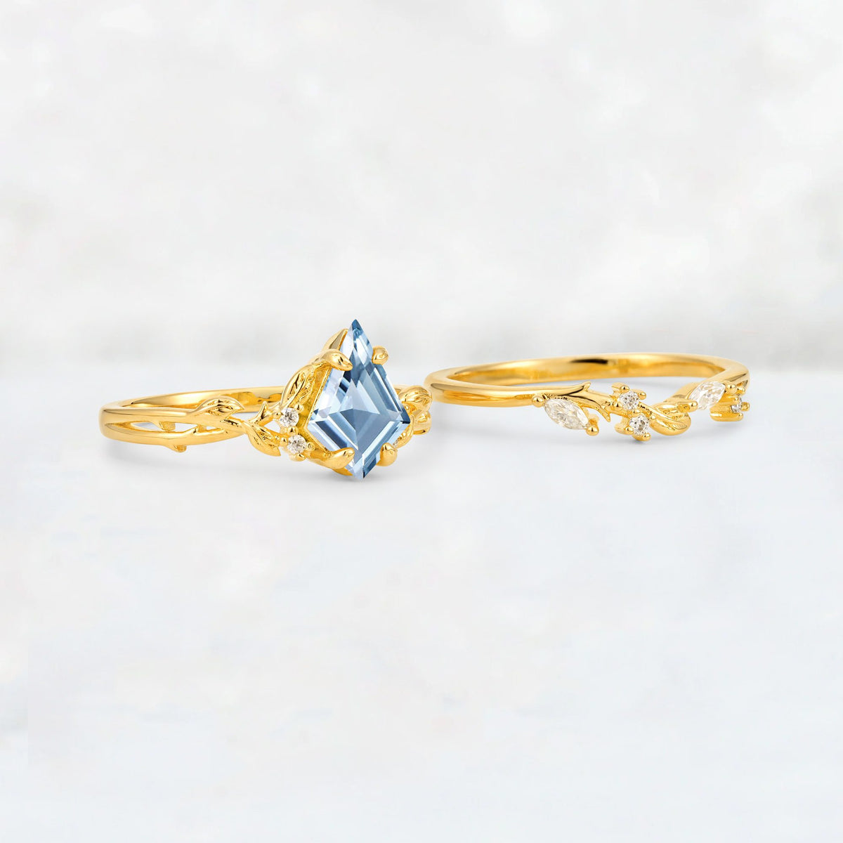 Elongated Kite Cut Aquamarine Leaf Vine Marquise Bridal Ring Set - Additional view